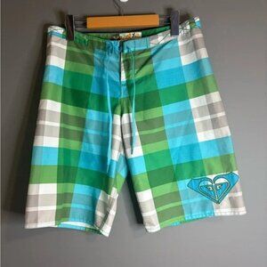 NWT Roxy size 5, Bermuda plaid white and green board shorts with waist tie